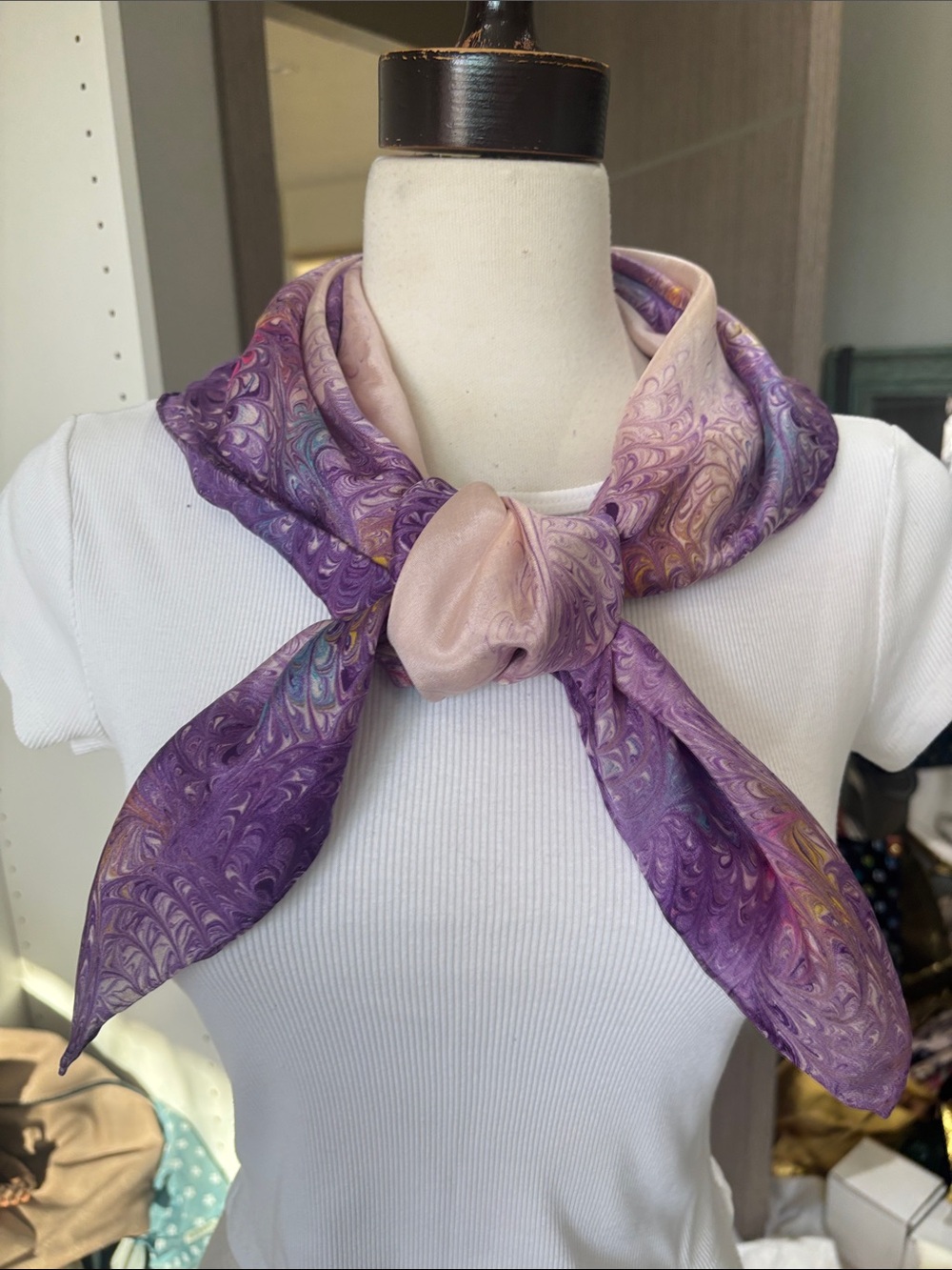 Silk Purple & Blush Marble Print Neck Scarf.